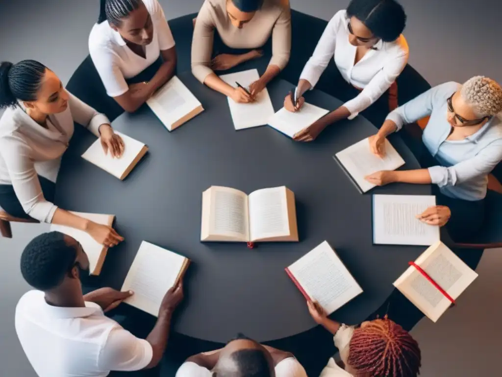 Un círculo de diversidad contemplativa rodeado de libros y plumas, reflejando la interseccionalidad en la poesía moderna