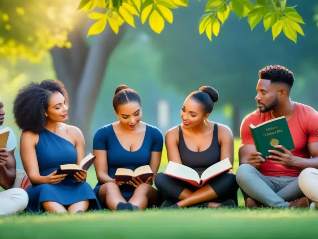 Un círculo de diversidad cultural unido por libros de poesía en un parque sereno, simbolizando el poder transformador de la poesía en el cambio social