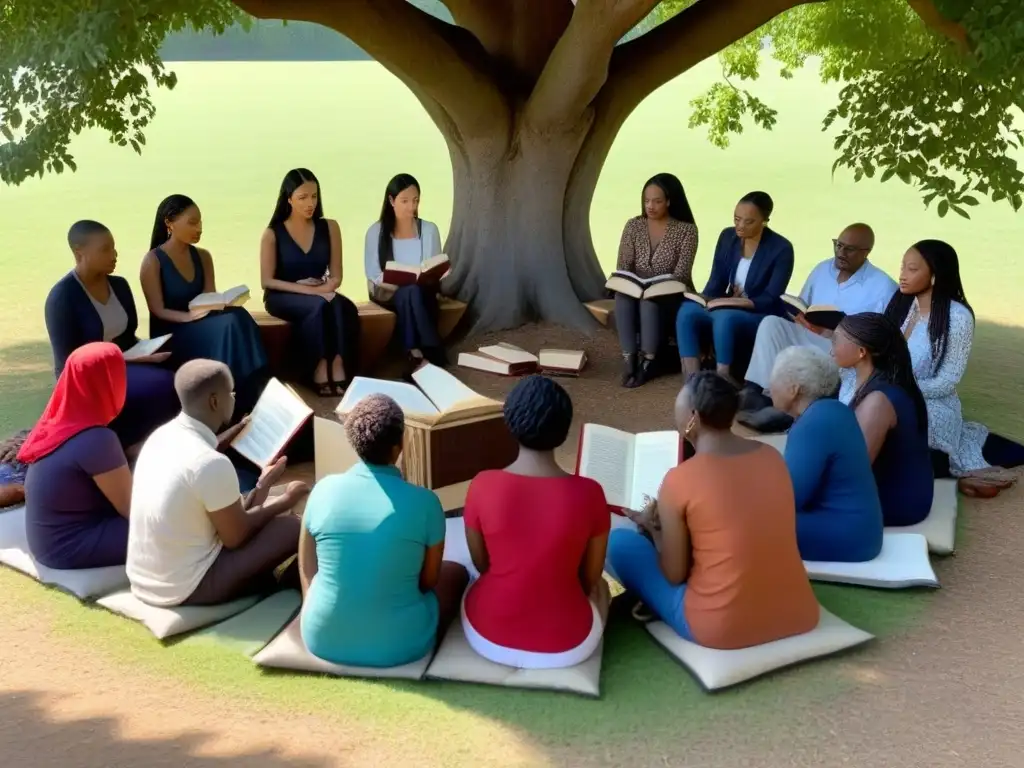 Un círculo diverso de personas de todas las edades y etnias bajo un árbol, compartiendo poesía