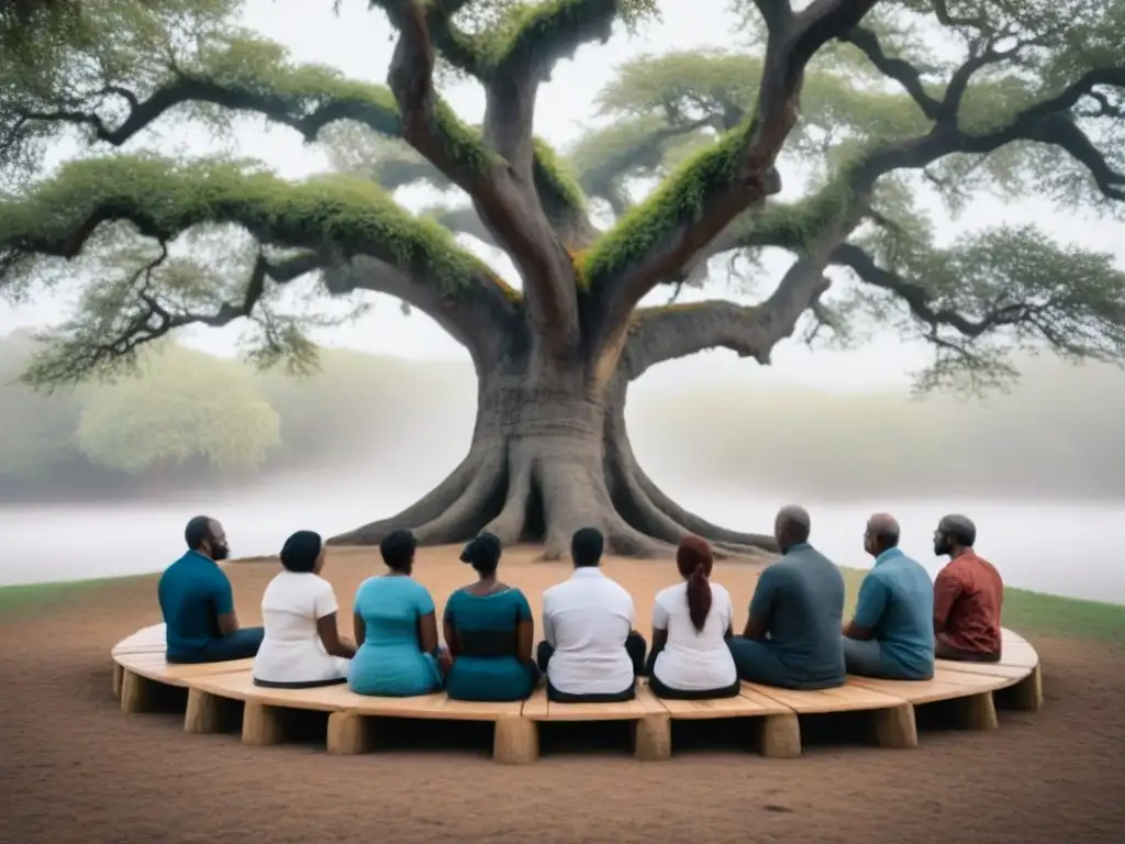 Un círculo diverso de personas de todas las edades y orígenes, sentadas bajo un gran árbol antiguo, cada una con un libro de poesía