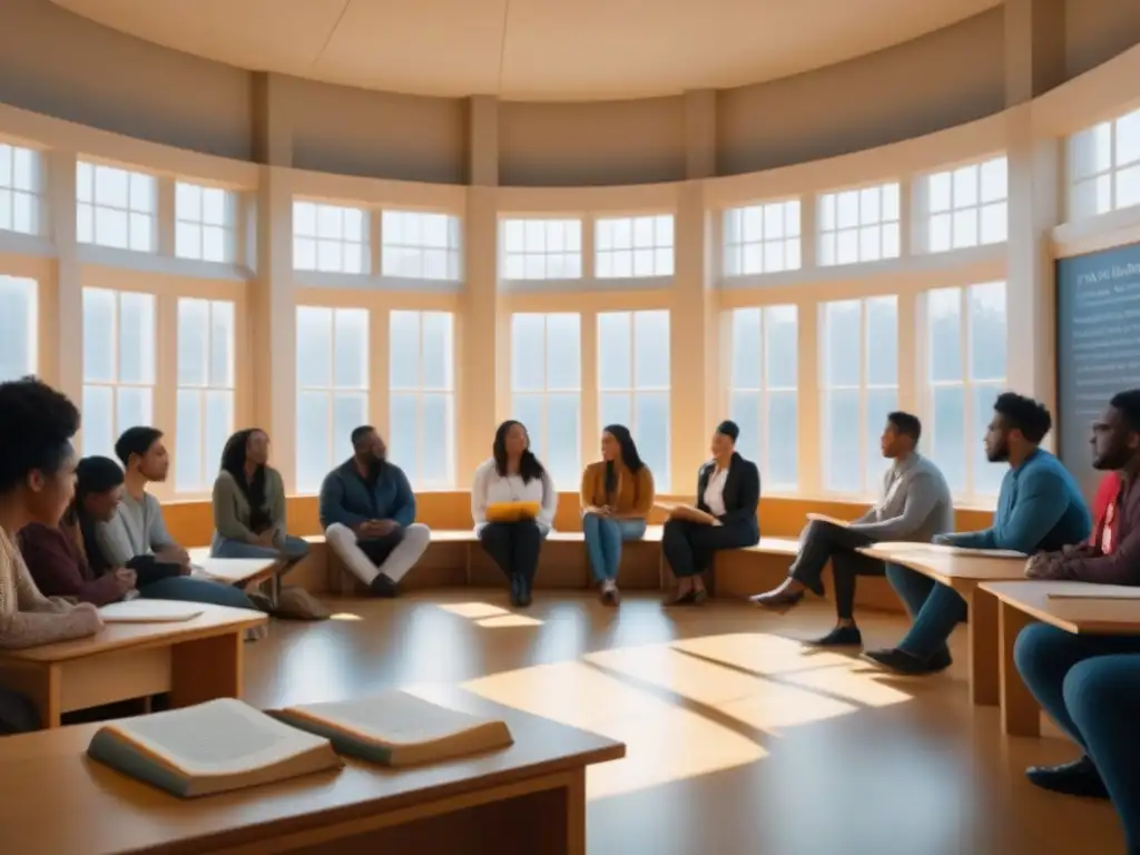 Un círculo de estudiantes diversos leyendo poesía en un aula llena de inspiración