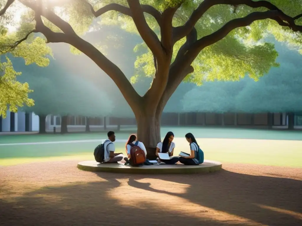 Un círculo de estudiantes diversos bajo un árbol, escribiendo en cuadernos de poesía