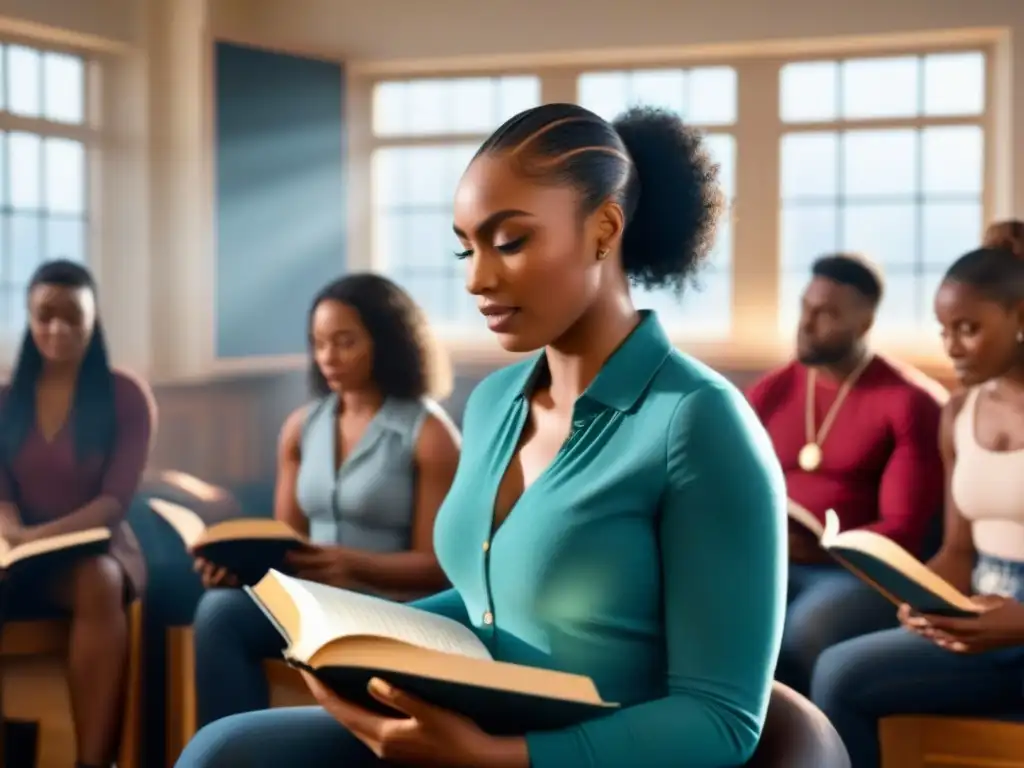 Un círculo de estudiantes diversos en clase, leyendo poesía con expresiones de concentración