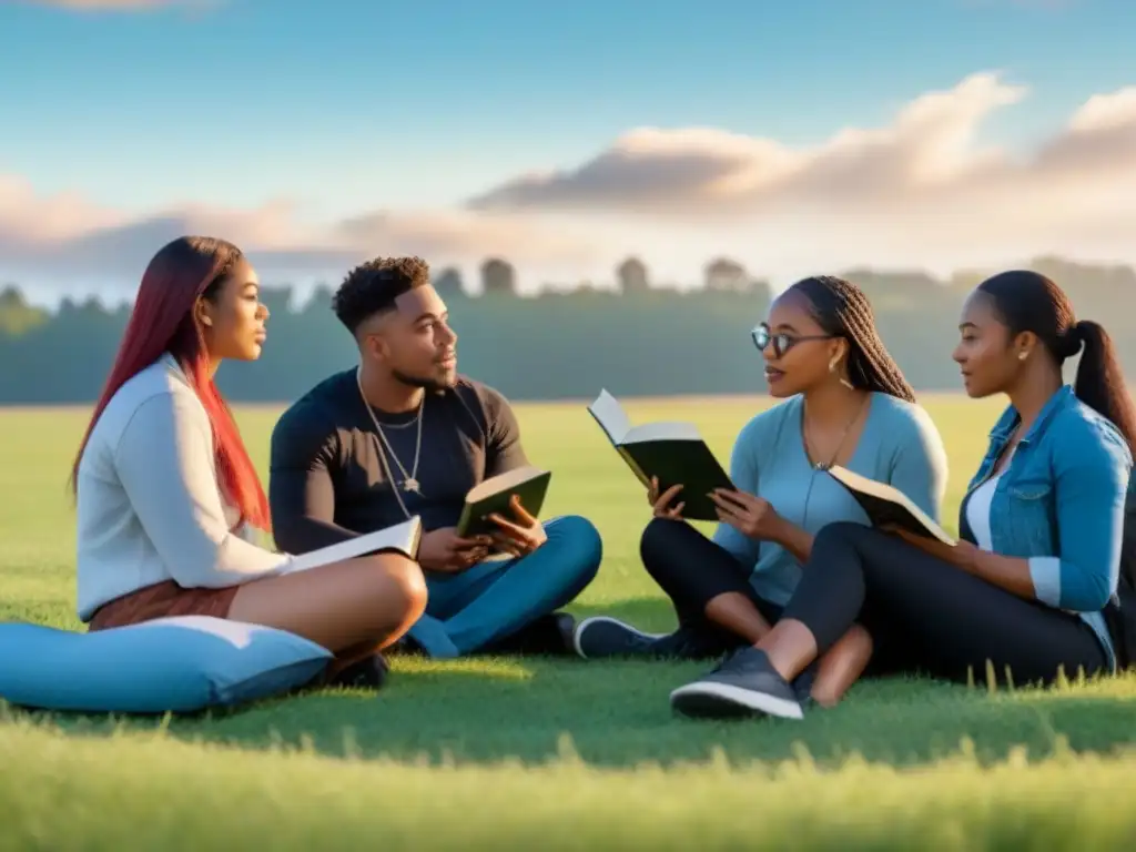 Un círculo de estudiantes diversos disfrutando de la poesía al aire libre bajo el sol