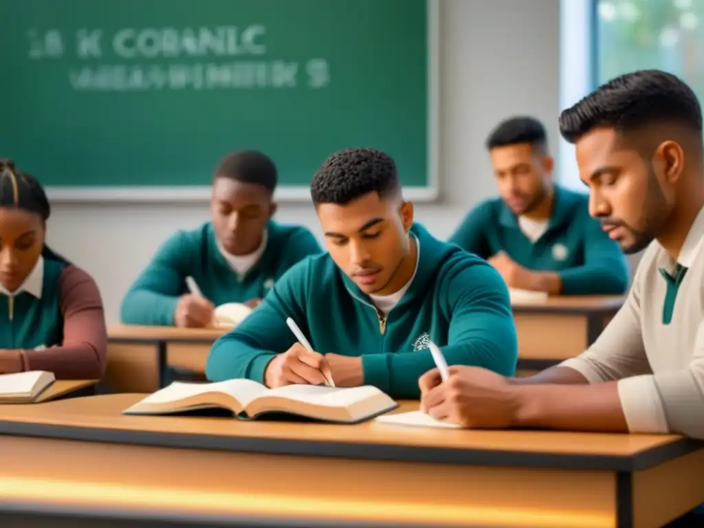 Inspiradora sesión de escritura creativa en aula tranquila Un círculo de estudiantes diversos escribiendo poesía en un aula serena, reflejando la terapia educativa emocional