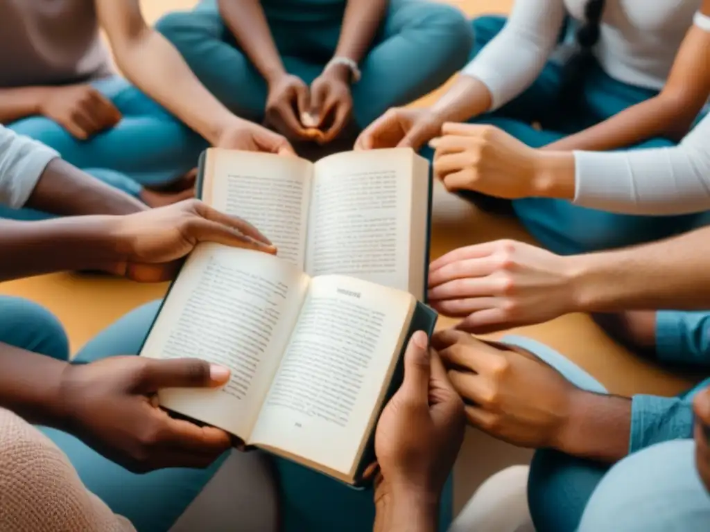 Un círculo de estudiantes diversos leyendo poesía, mostrando unidad global con un mapa sutil en la pared