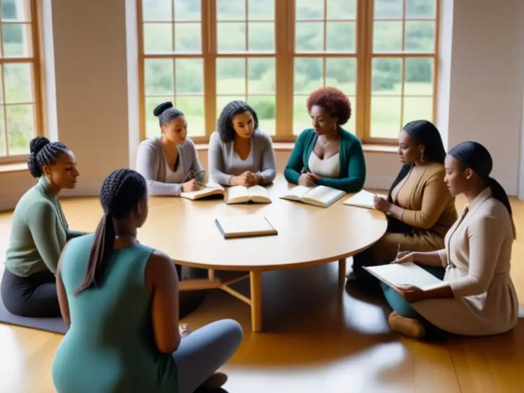 Un círculo de mujeres diversas escribiendo poesía en un taller, en un ambiente de empoderamiento y hermandad