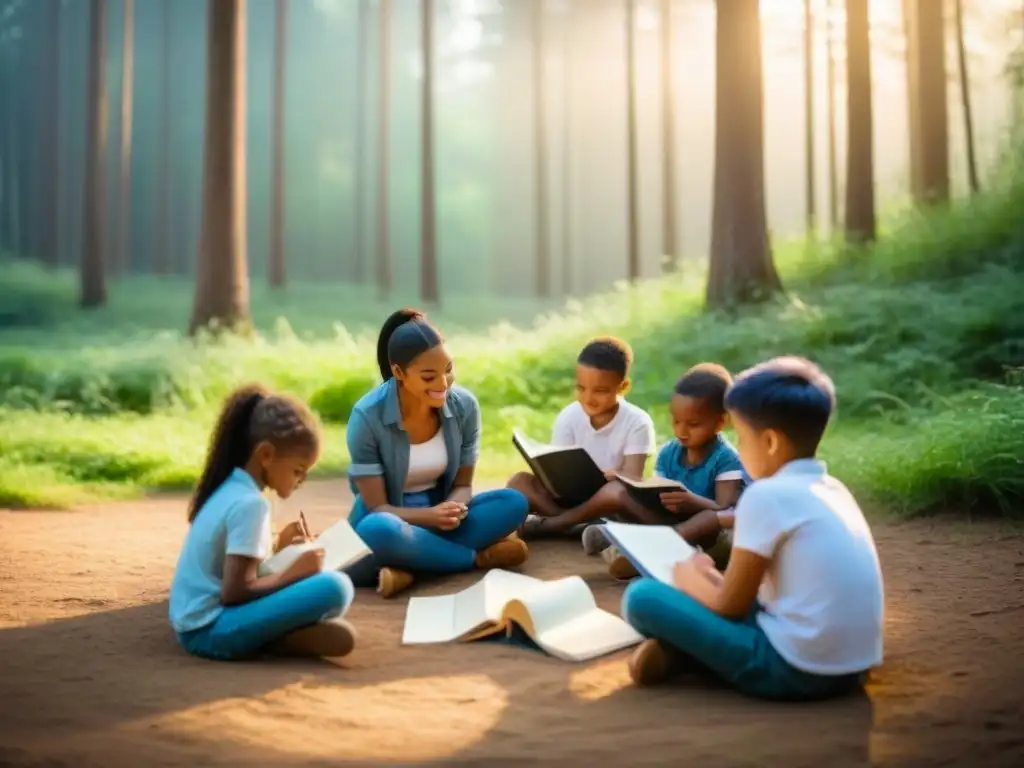 Un círculo de niños diversos escribiendo poesía en la naturaleza, guiados por su maestro