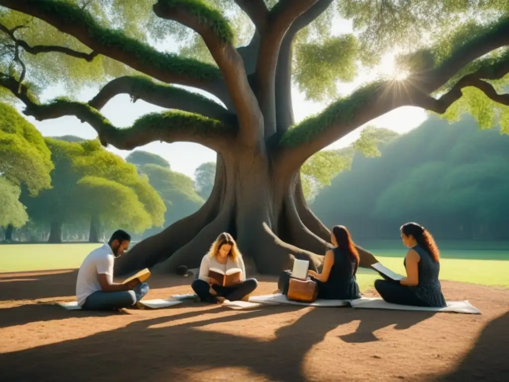 Un círculo de personas diversas bajo un árbol gigante, leyendo poesía y reflejando serenidad