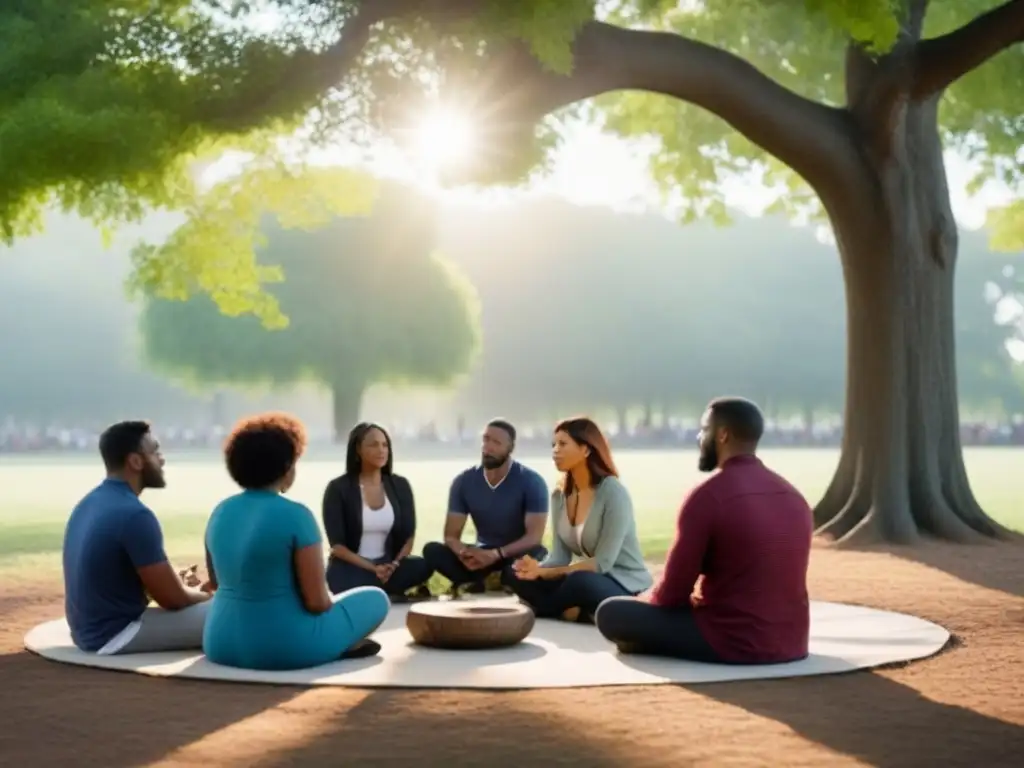 Un círculo de personas diversas recitando poesía bajo un árbol