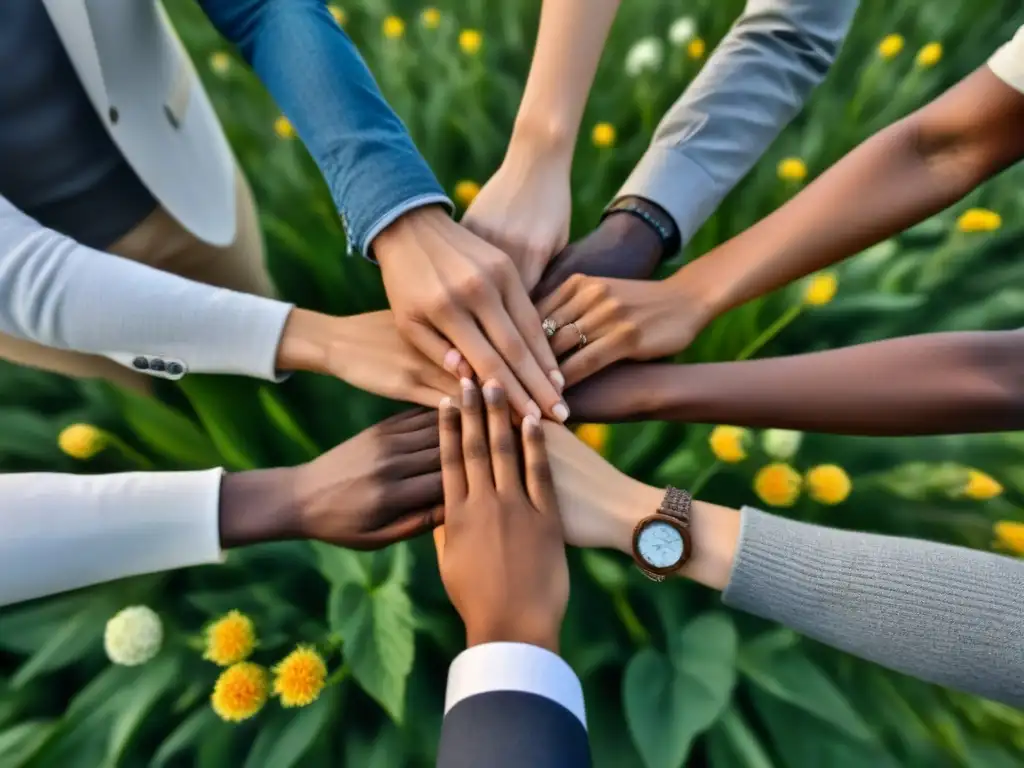 Un círculo de personas diversas se unen con flores, simbolizando la colectividad universal y la poesía transformadora