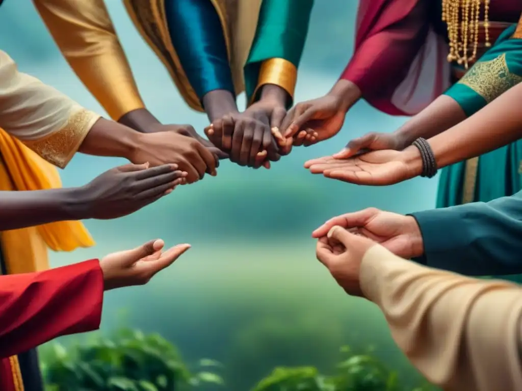 Un círculo de personas diversas unidas en armonía, representando la importancia de la diversidad cultural en una imagen poética