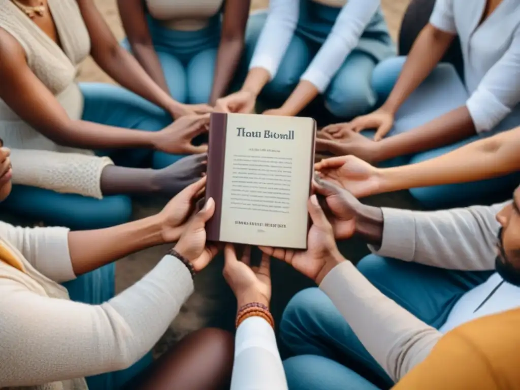 Un círculo de personas diversas con libros de poesía en distintos idiomas, transmitiendo la unión cultural