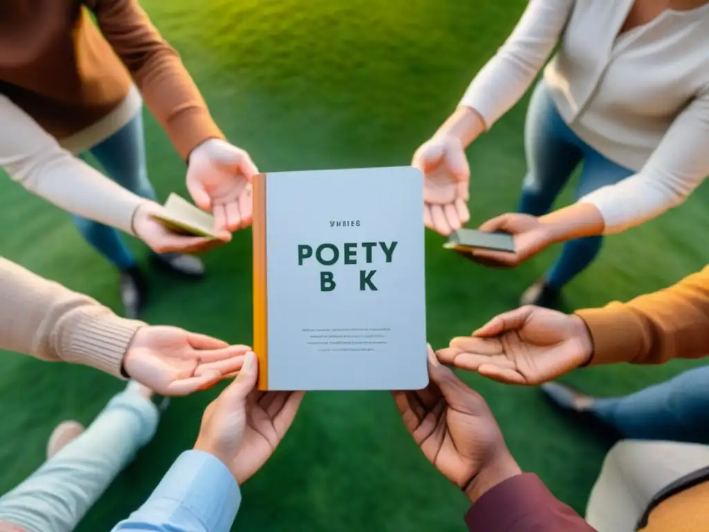 Un círculo de personas diversas con libros de poesía en un parque sereno