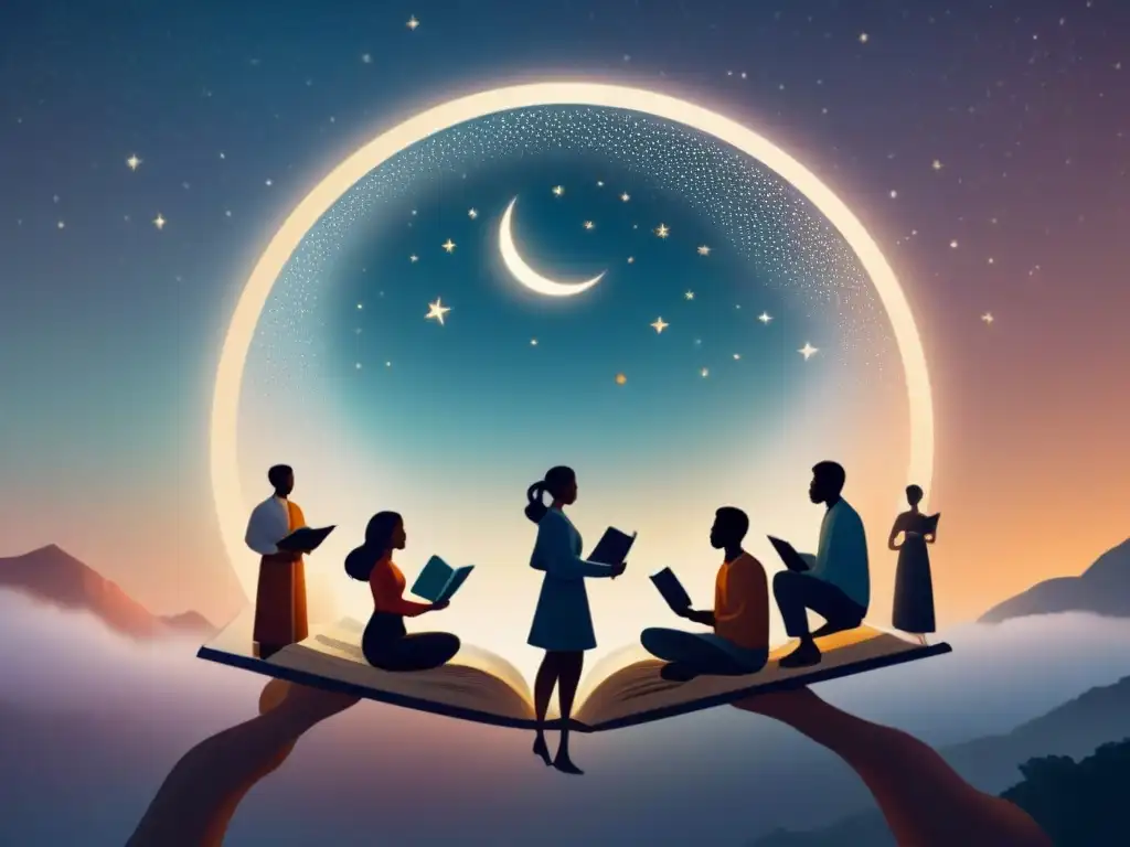 Intercambio poético: diversidad cultural bajo el cielo estrellado Un círculo de personas diversas intercambiando poesía bajo un cielo estrellado, con luz suave de sus libros