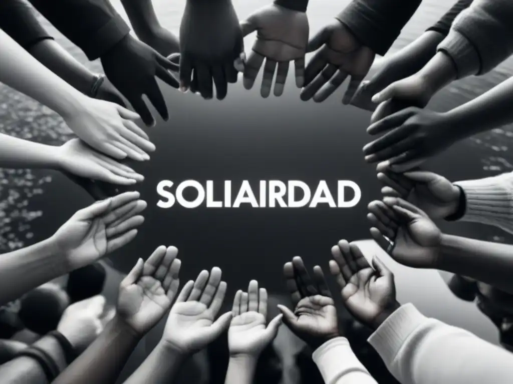 Un círculo de personas diversas se une en solidaridad, rodeado de palabras de poesía activista transformadora