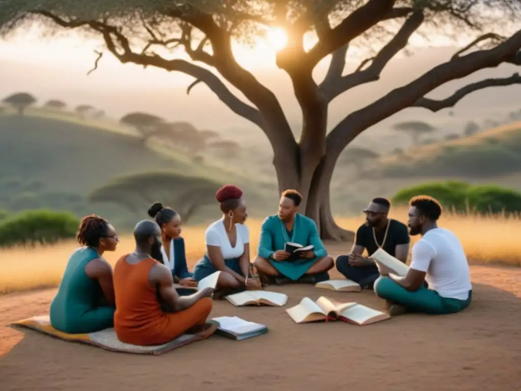 Un círculo de poetas africanos bajo un árbol, inmersos en la poesía y rodeados de libros