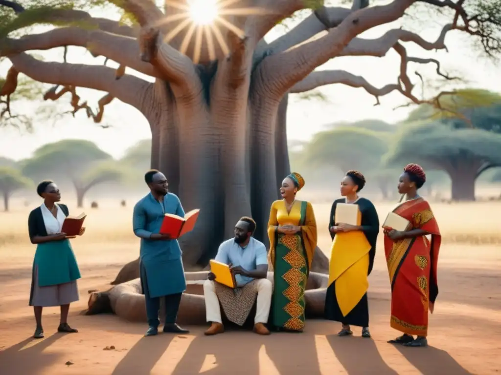 Poetas africanos unidos bajo el baobab: imagen 8k detallada Un círculo de poetas africanos diversos bajo un baobab, unidos en activismo poético en África