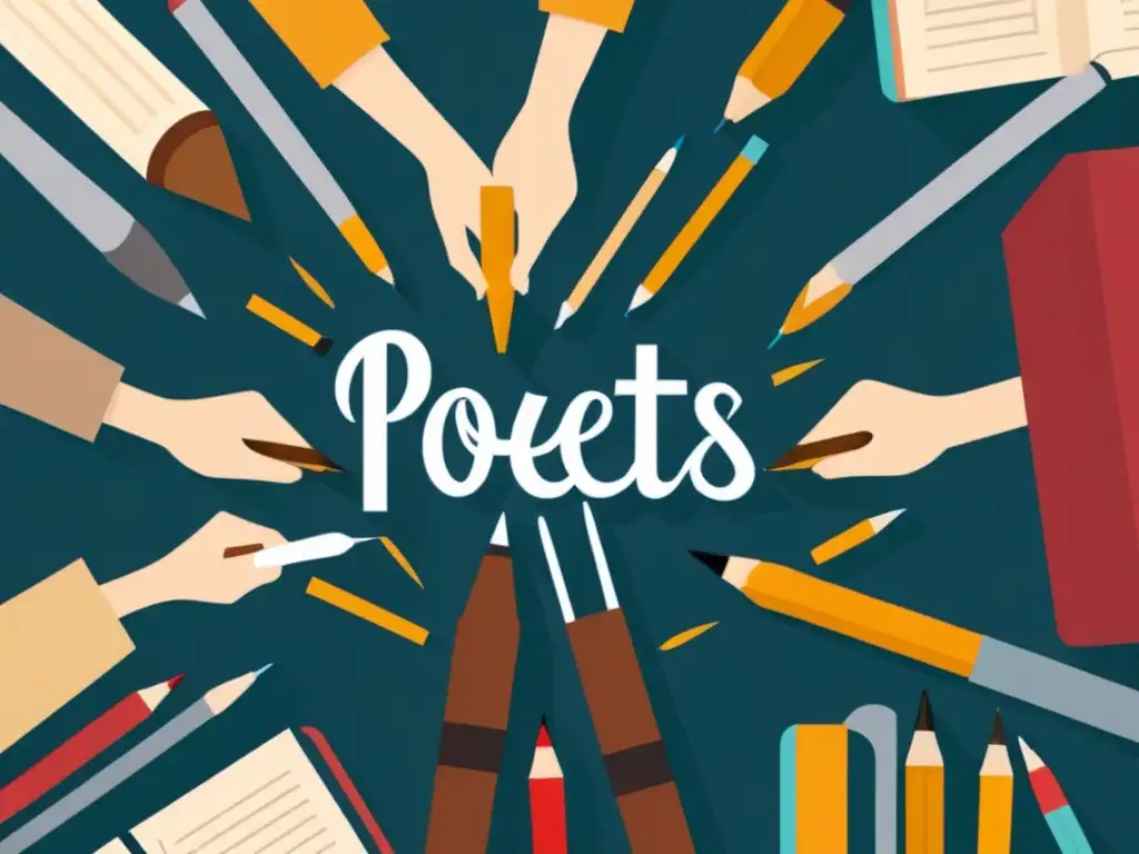 Círculo de poetas creativos con utensilios únicos Un círculo de poetas diversos concentrados, con utensilios de escritura variados, rodeados de libros y papeles en un ambiente de comunidad poética