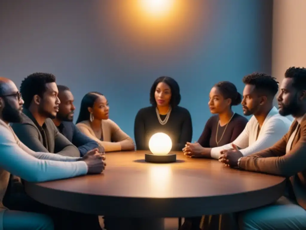 Conversación poética: comunidad diversa en armonía Un círculo de poetas diversos en profunda discusión, iluminados por una única luz cálida