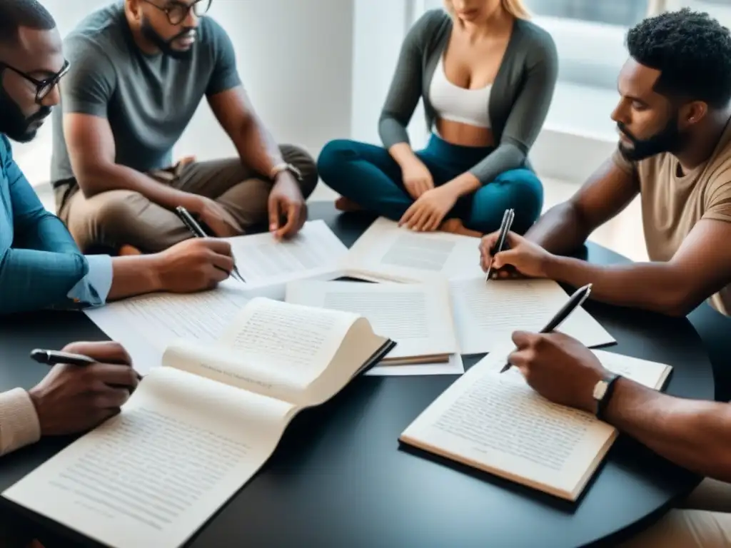 Círculo de poetas diversos creando juntos en una mesa moderna