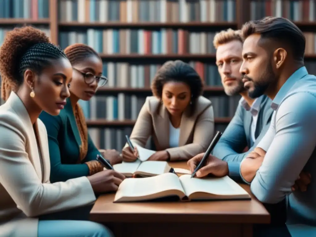 Un círculo de poetas del mundo inmersos en la escritura, rodeados de libros y papeles