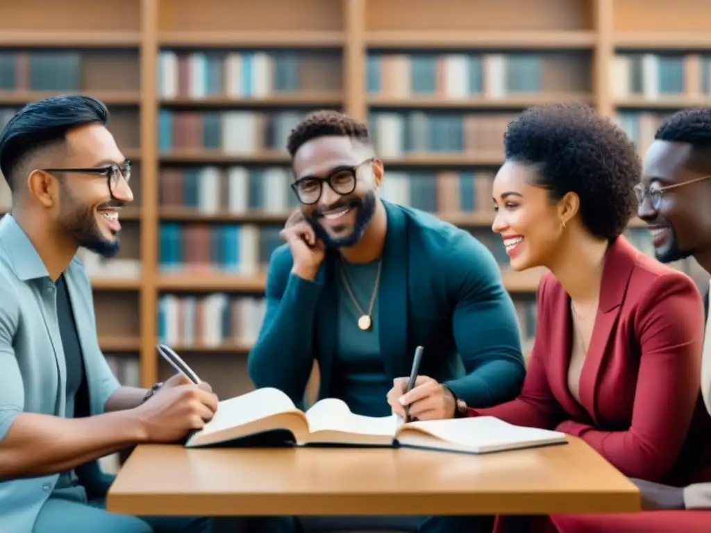 Un círculo de poetas diversos sonrientes colaboran en una biblioteca, mostrando cómo las marcas apoyan voces poéticas diversidad