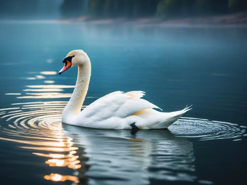 Un cisne blanco majestuoso deslizándose en un lago sereno bajo la luz de la luna, creando un sendero de luz