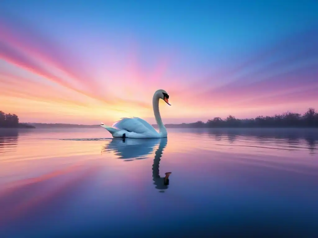 Un cisne solitario surca un estanque tranquilo, reflejando los colores vibrantes del cielo al atardecer