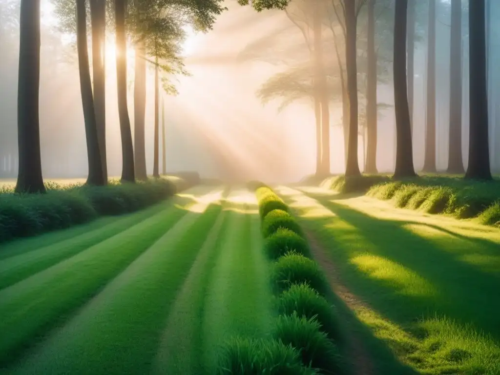 Un claro boscoso al amanecer, con luz dorada filtrándose entre los árboles