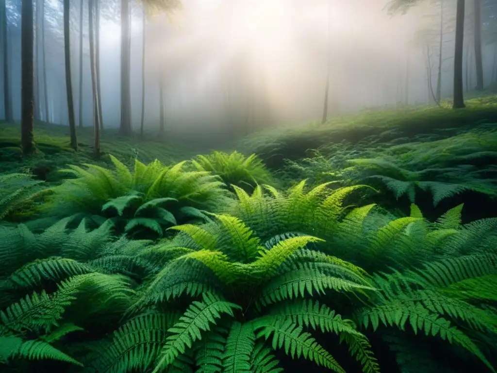 Claro atardecer en el bosque encantado Un claro boscoso al anochecer, con luz dorada filtrándose entre los árboles y creando sombras etéreas en helechos verdes