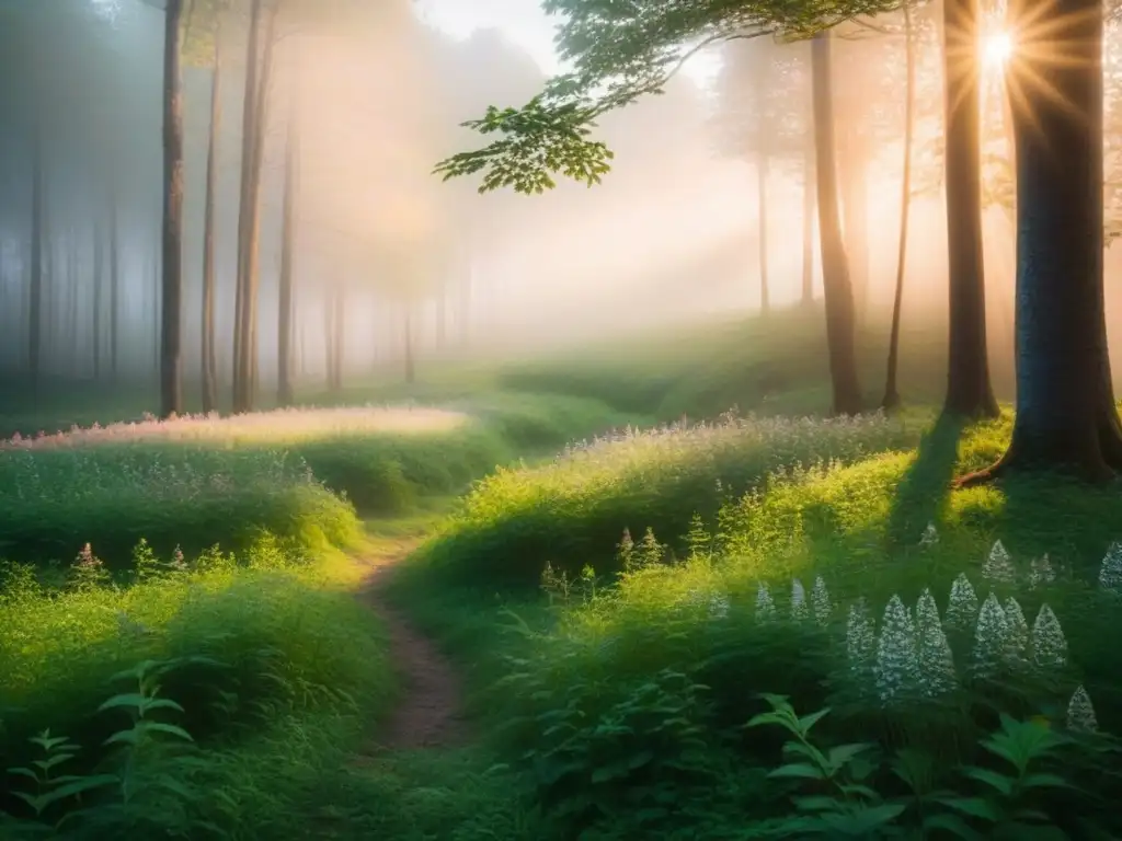 Claro amanecer en un bosque sereno, con luz suave iluminando la vegetación