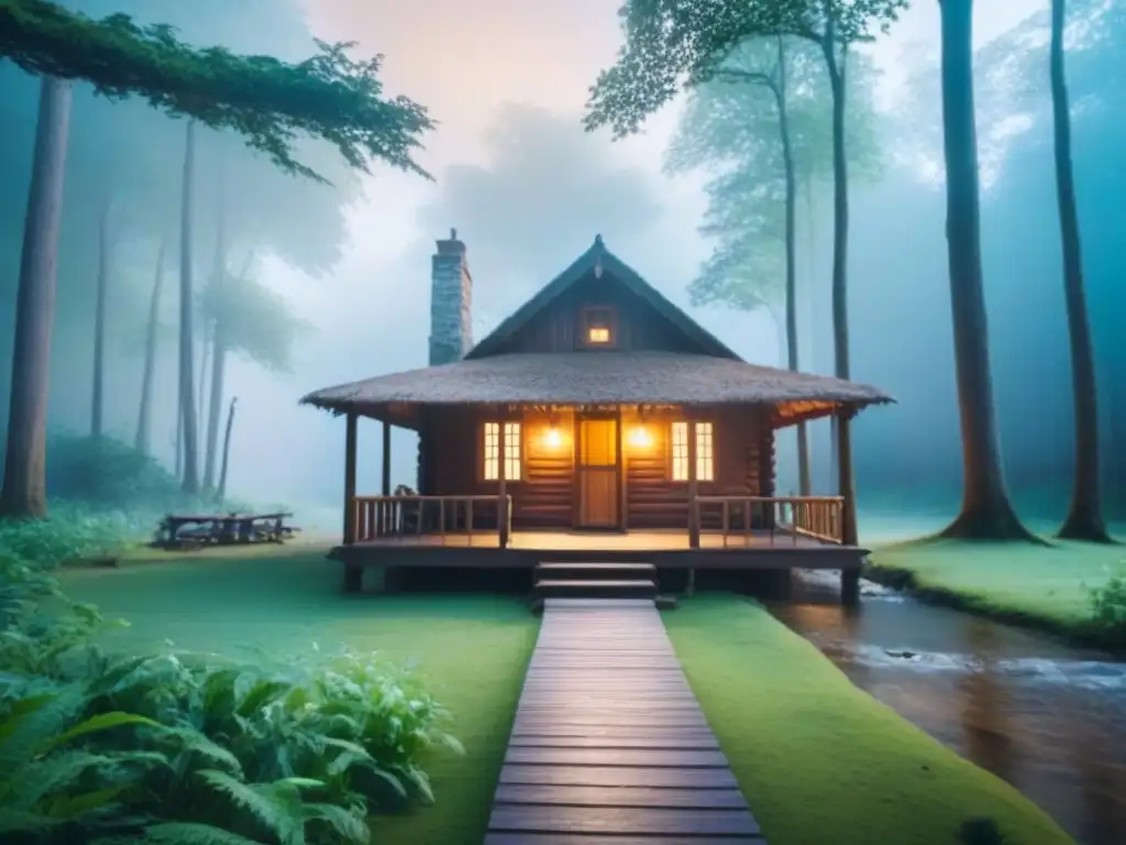 Un claro de bosque sereno al amanecer, con luz suave entre los árboles y una cabaña de madera entre la vegetación