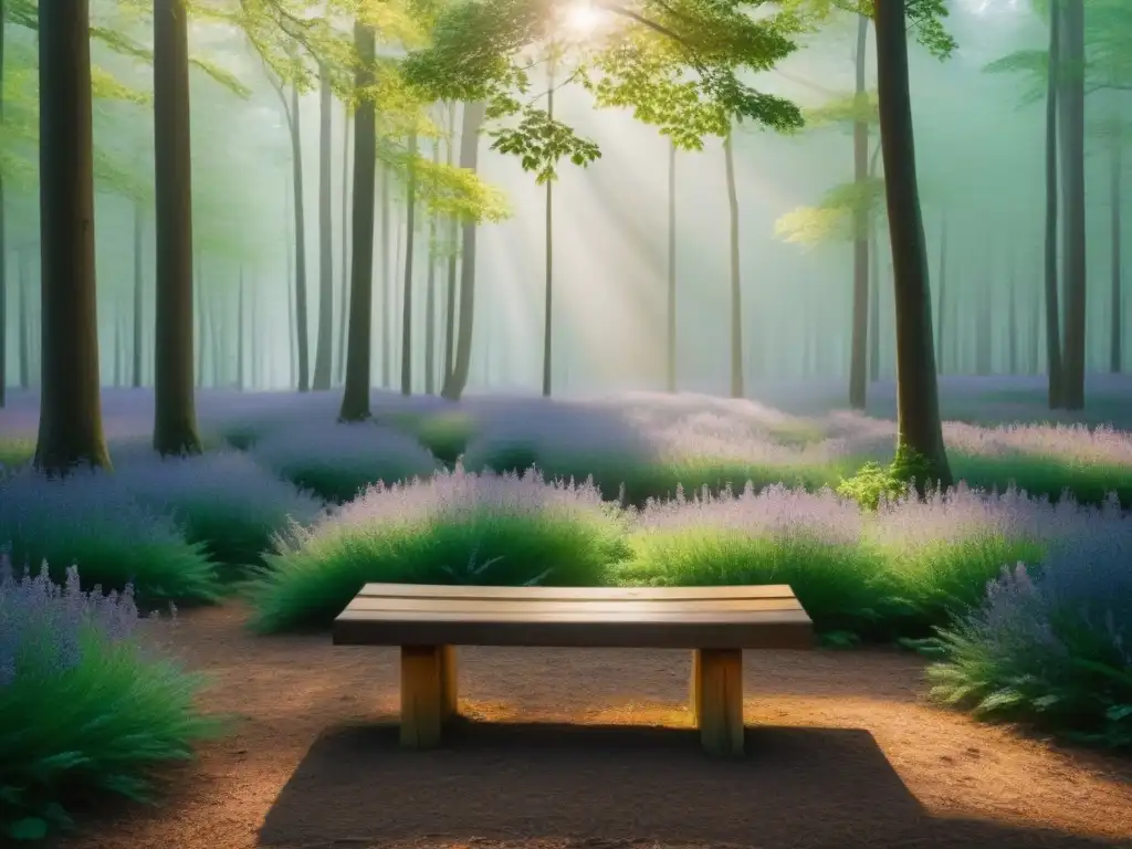 Claro de bosque: banco de meditación entre árboles y flores Un claro de bosque encantado, con un banco de madera rodeado de flores silvestres
