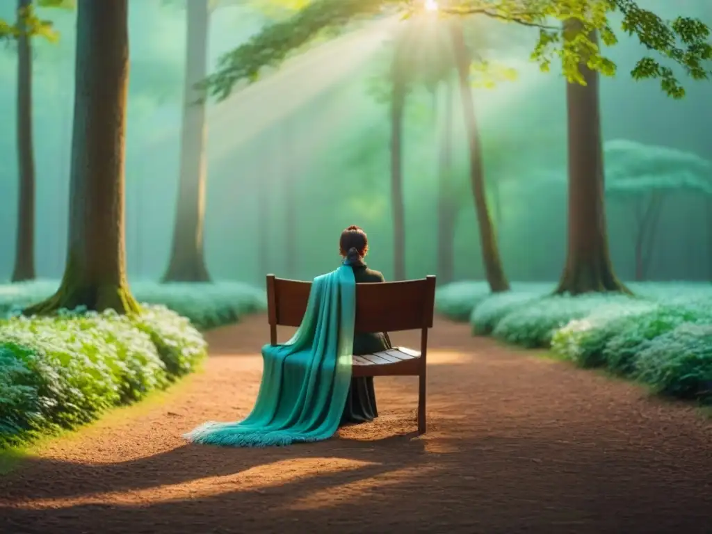 Rincón de lectura en el bosque: serenidad y contemplación Un claro forestal sereno con una silla de madera y una bufanda suave en tonos pastel, ideal para retiros de lectura poética