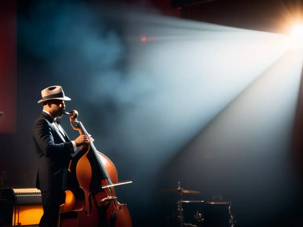 Un club de jazz íntimo con micrófono en el escenario, figura sombría tocando contrabajo y humo en el aire