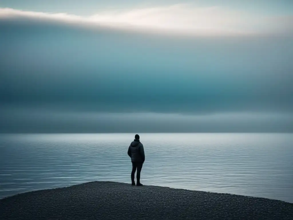 Colecciones poesía lírica transformadora: Silueta solitaria contemplando el vasto y sereno océano