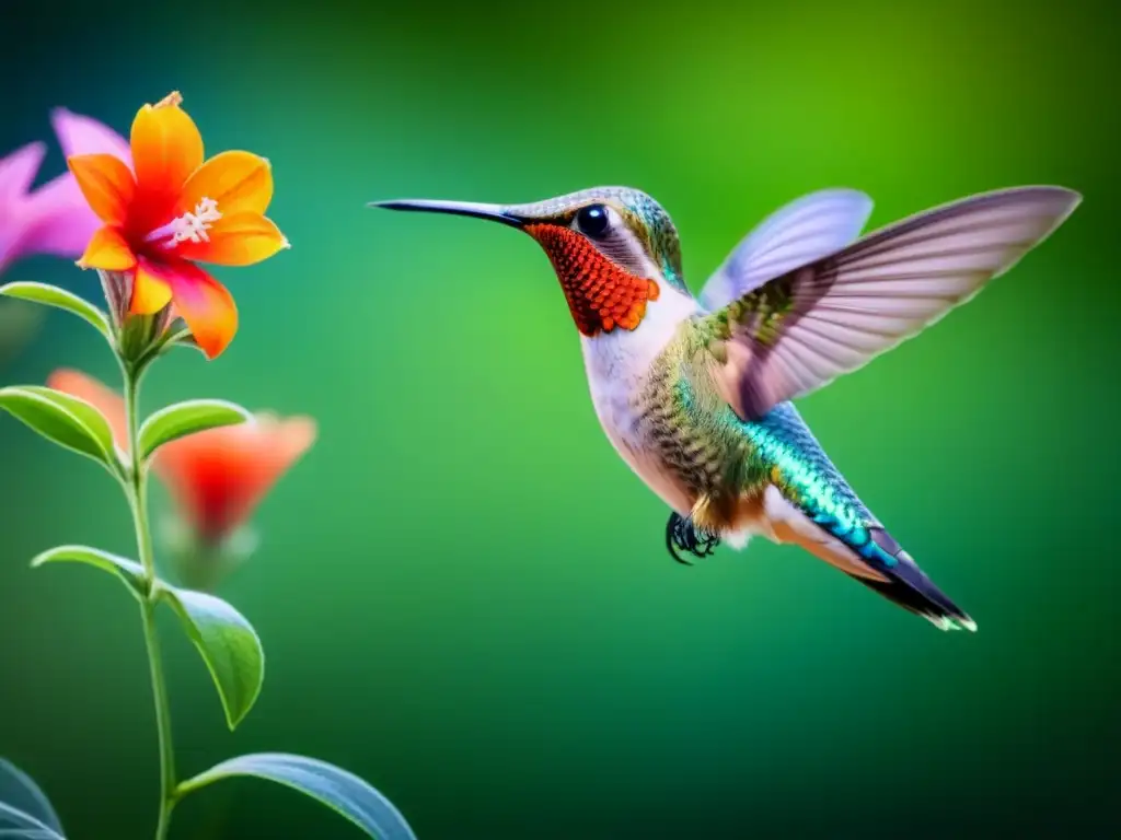 Un colibrí vibrante en una flor, inspirado en arte indígena, simbolizando la poesía indígena como medicina para el alma