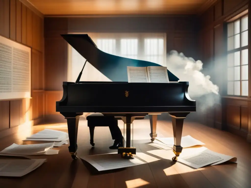 Compositor en penumbra: poesía y música en 8k Un compositor en penumbra reflexiona entre versos poéticos y partituras