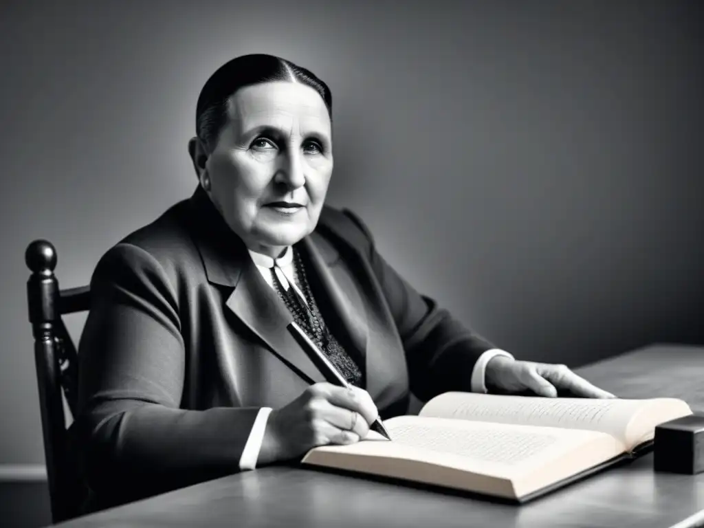 Gertrude Stein concentrada en su escritorio rodeada de formas abstractas, personificando su enfoque único en la poesía vanguardista y la singularidad