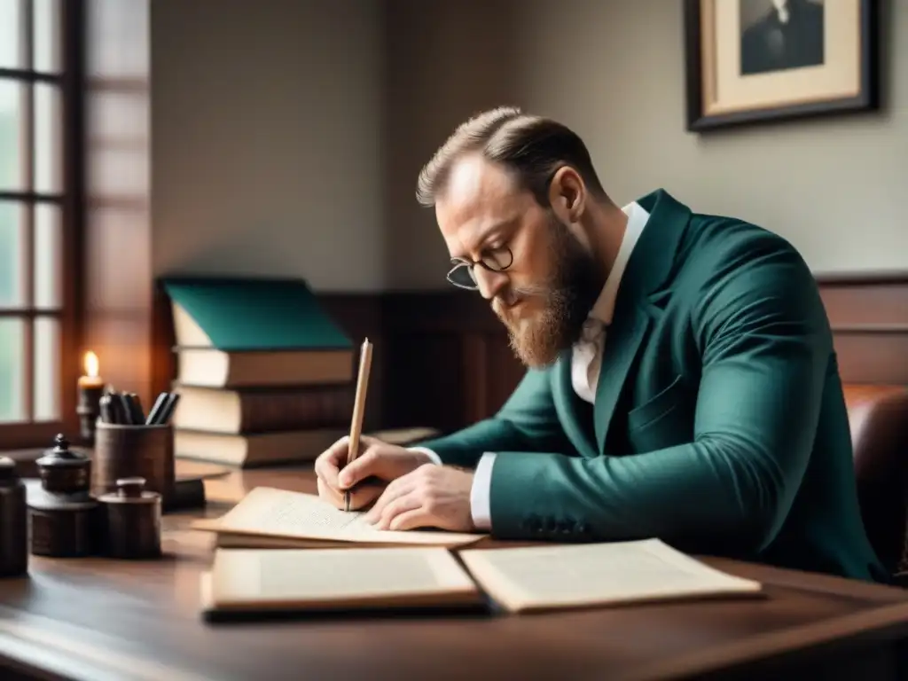 Thomas Wyatt concentrado en su escritura de sonetos, rodeado de plumas y tinteros en una ilustración en tinta blanco y negro