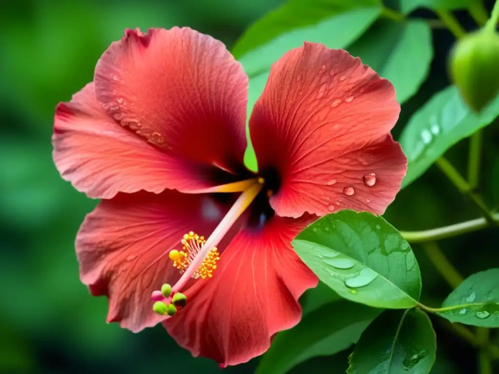 Poesía contemporánea: un hibisco rojo vibrante con delicadas gotas de agua, detallando estambres, pistilos y venas, en un fondo verde difuminado