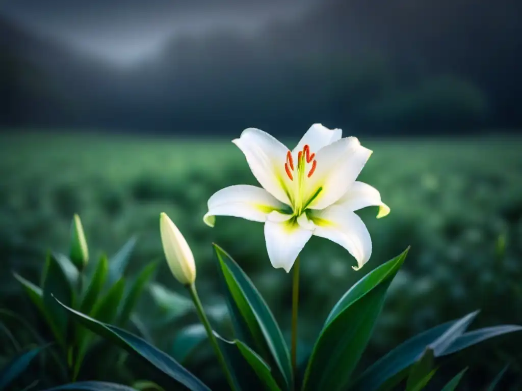 Contraste en la poesía lírica: lirio blanco solitario entre rosas oscuras en un campo sombrío