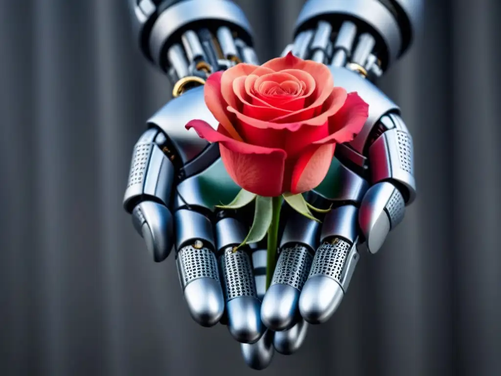 Contraste entre la fría mano robótica y la suave rosa roja, poesía de inteligencia artificial y sentimientos en máquinas