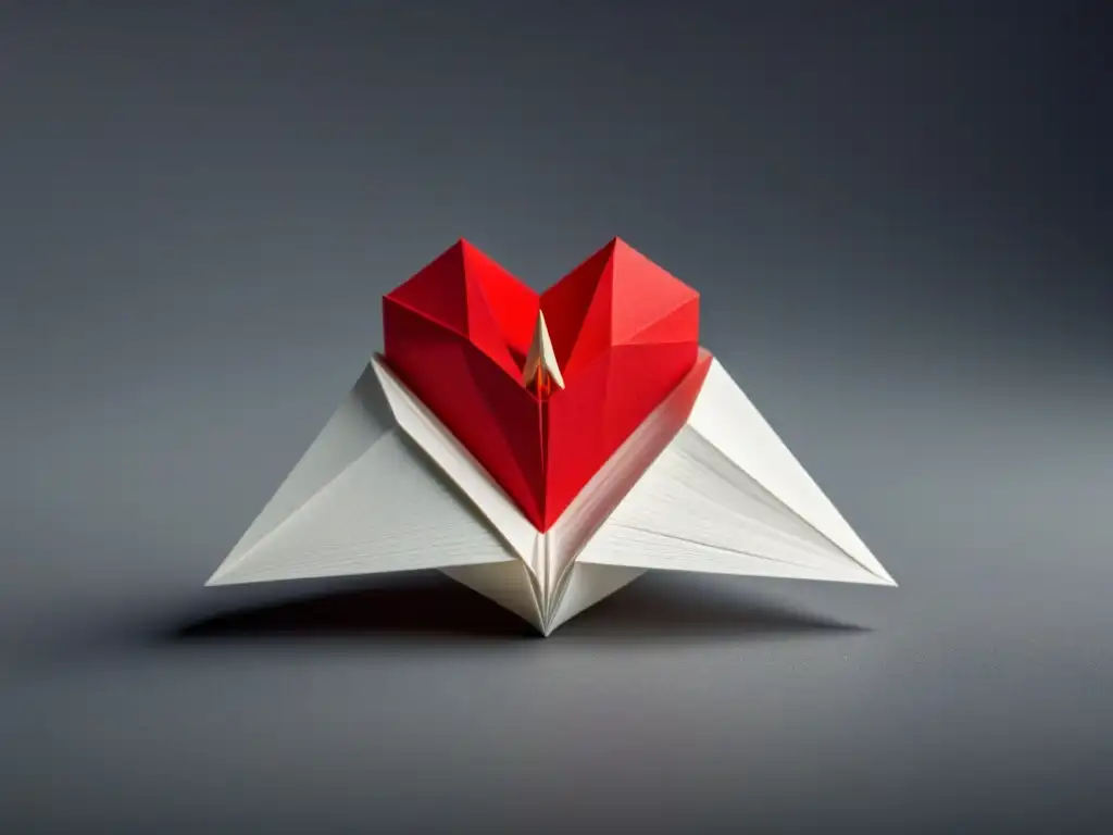 Un corazón rojo que se transforma en una grulla de papel, ilustrando el ritmo poético de transformar emociones en arte