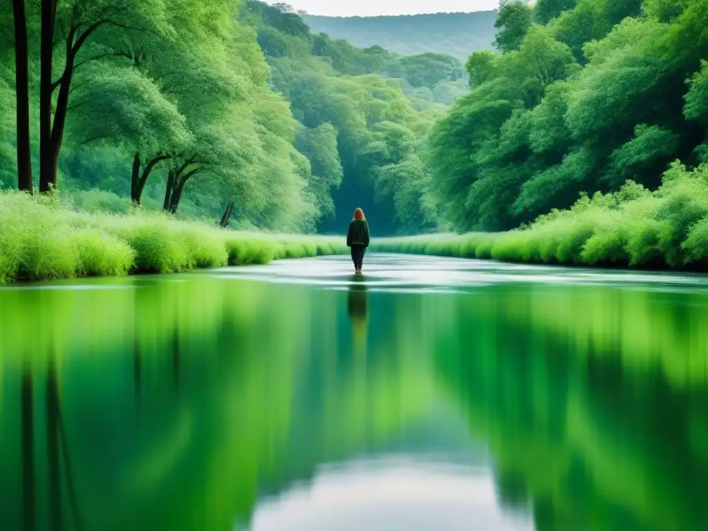 Corriente Ecocrítica Poesía Moderna: Río sereno en bosque verde con reflejo de árboles en el agua, armonía natural