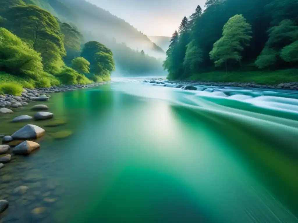 Corriente Ecocrítica Poesía Moderna: un río sereno fluye entre un frondoso bosque verde, reflejando la naturaleza y la tranquilidad