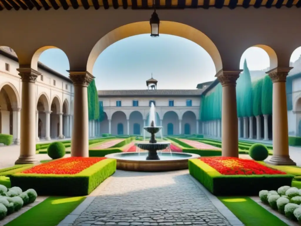 Una corte serena en el Palacio Medici: arquitectura renacentista, fuente y jardín