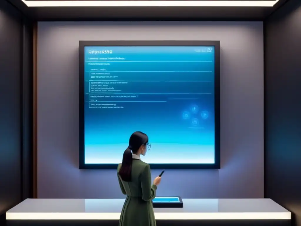 Creación de haiku japonés en pantalla holográfica futurista, fusionando poesía tradicional con tecnología