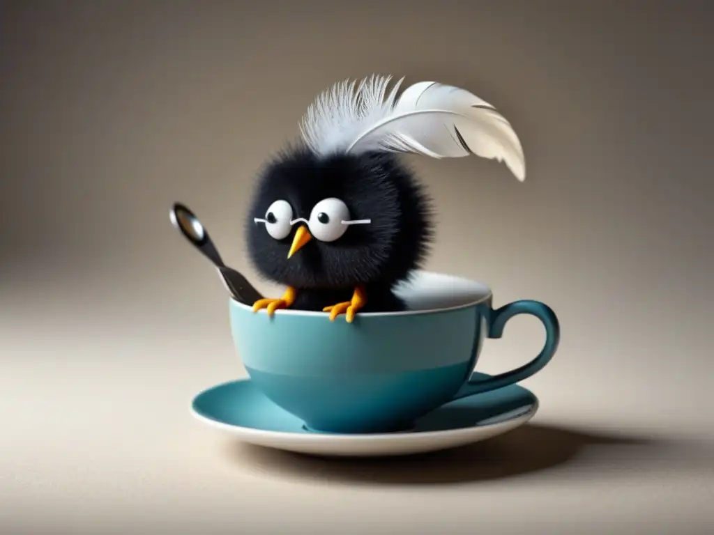 Una criatura imaginativa formada por objetos como una taza, una pluma, un reloj y unas tijeras, en una pose juguetona